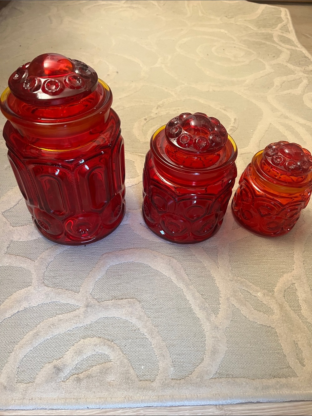 VINTAGE🌷L.E.SMITH MOON AND STARS🌷Amberina Red Orange glass canister set 1960’s